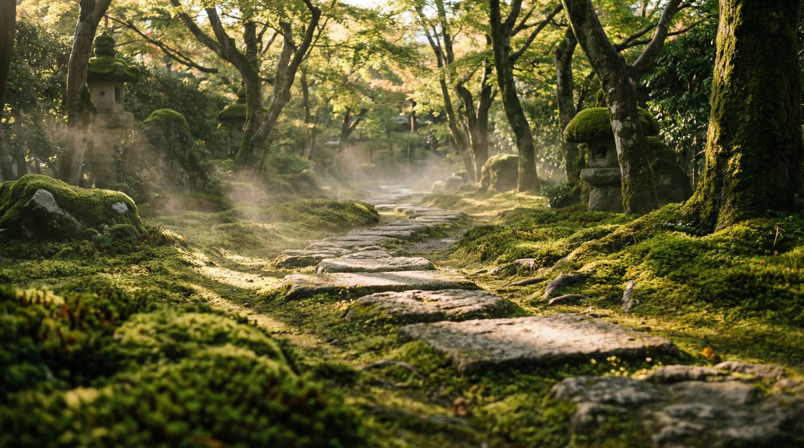 A moss garden path in Japan