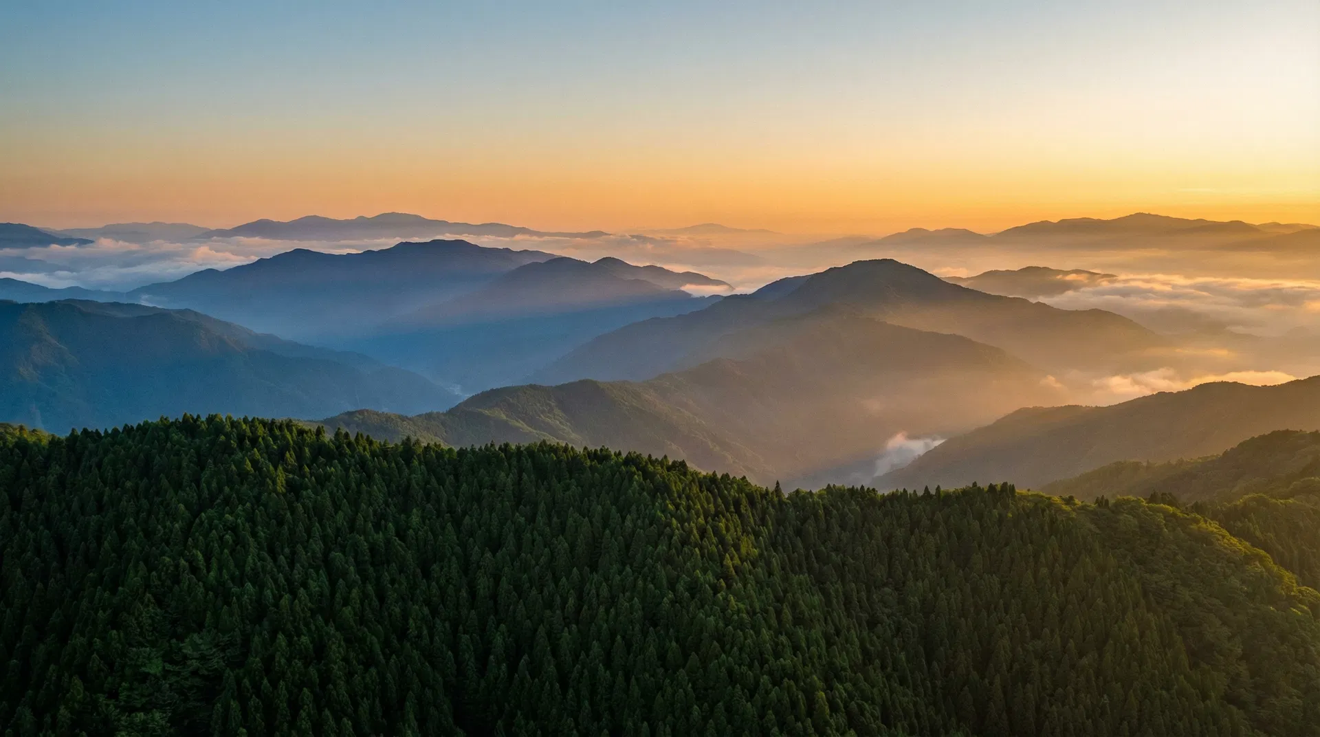 A regional mountain landscape in Japan at sunrise