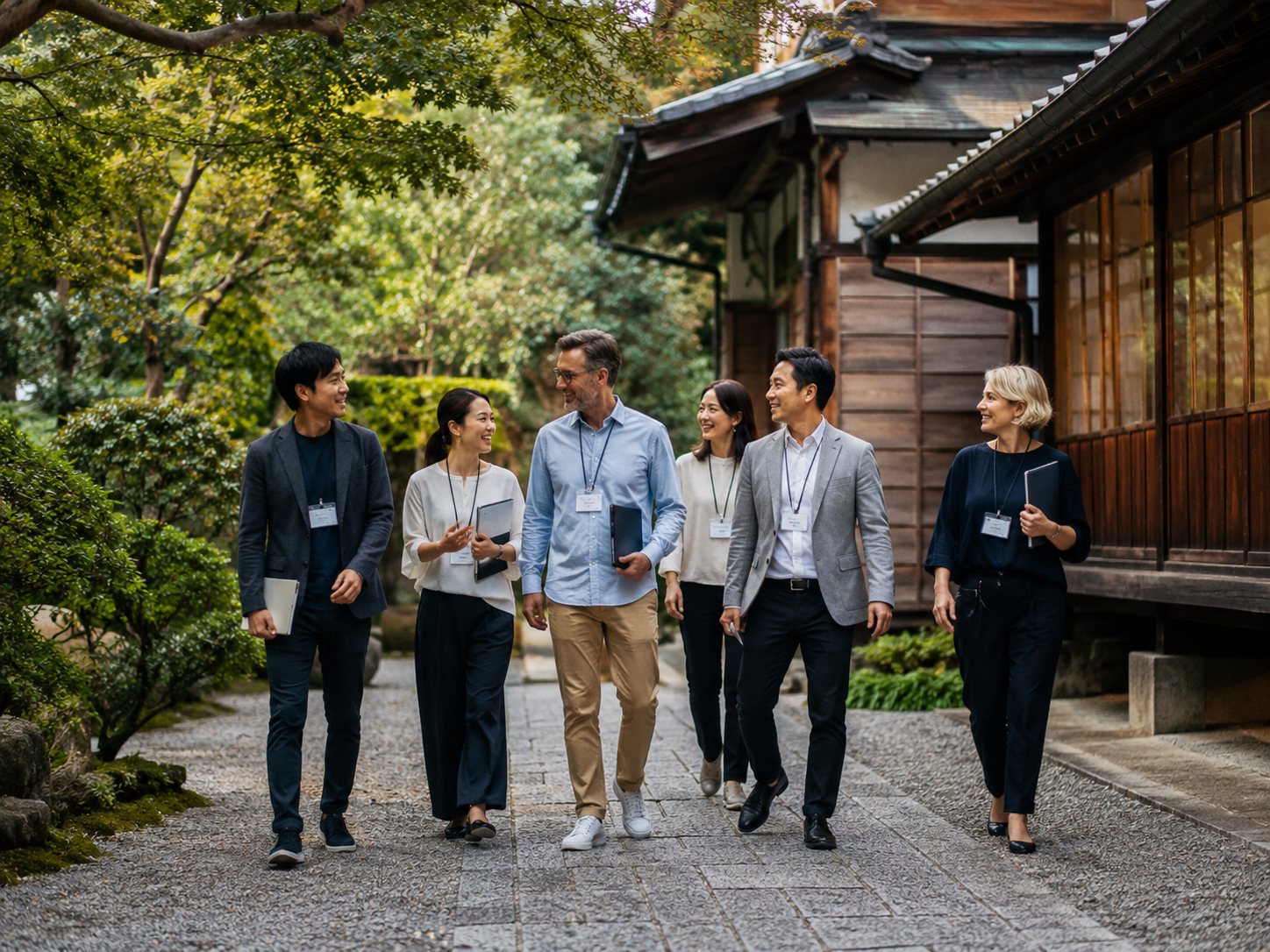Travel professionals visiting a traditional Japanese setting together