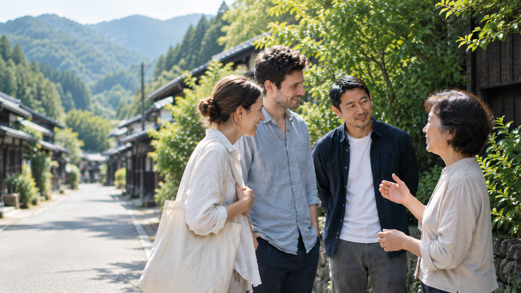 旅先でガイドと旅行者が会話をする様子