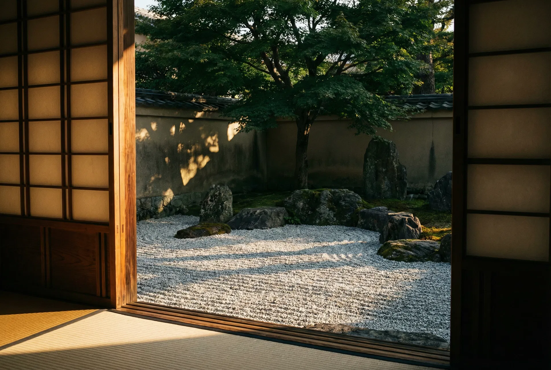 A quiet Japanese garden, conveying deliberate design and unhurried space