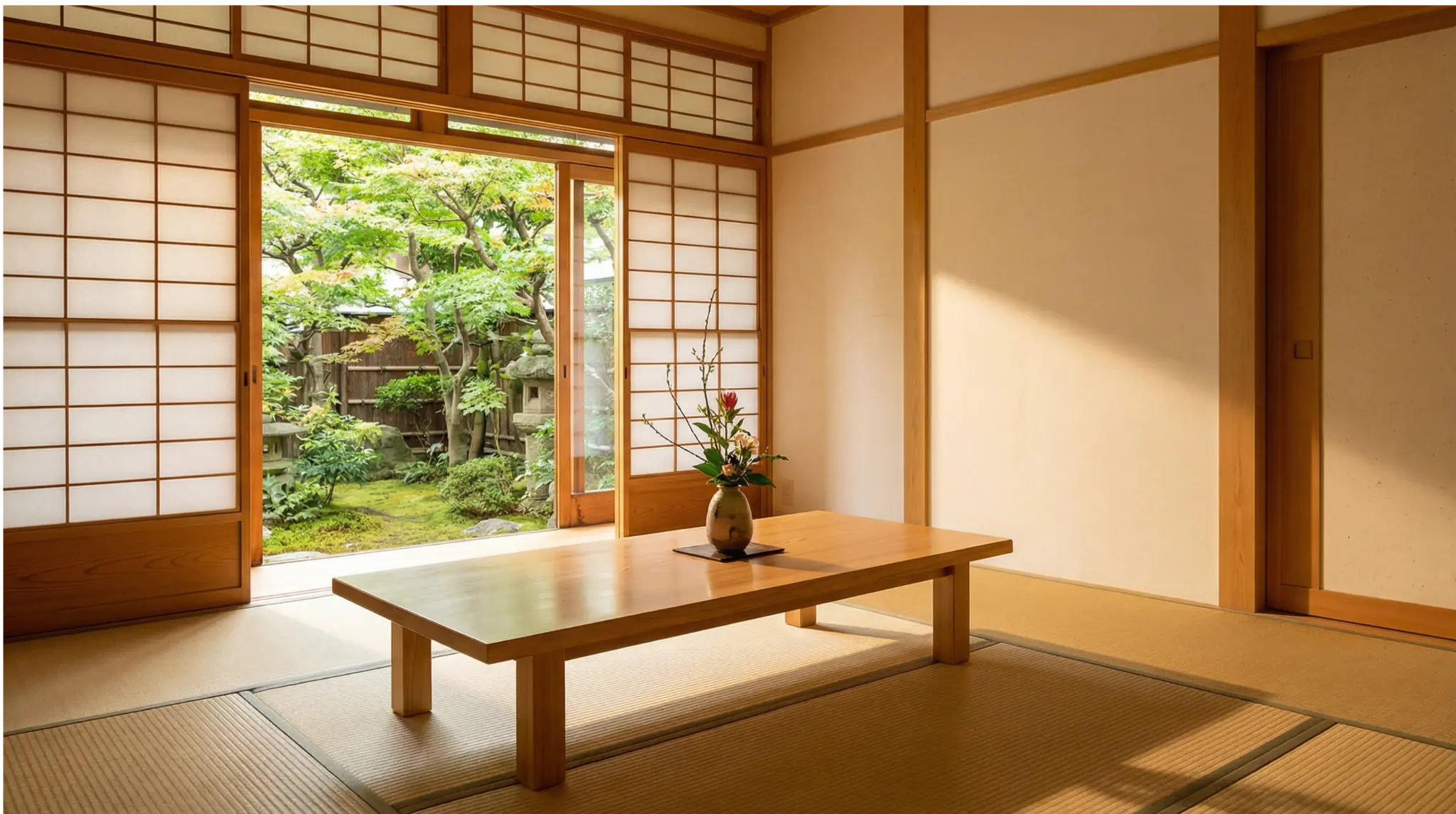 A Japanese tatami room overlooking a garden