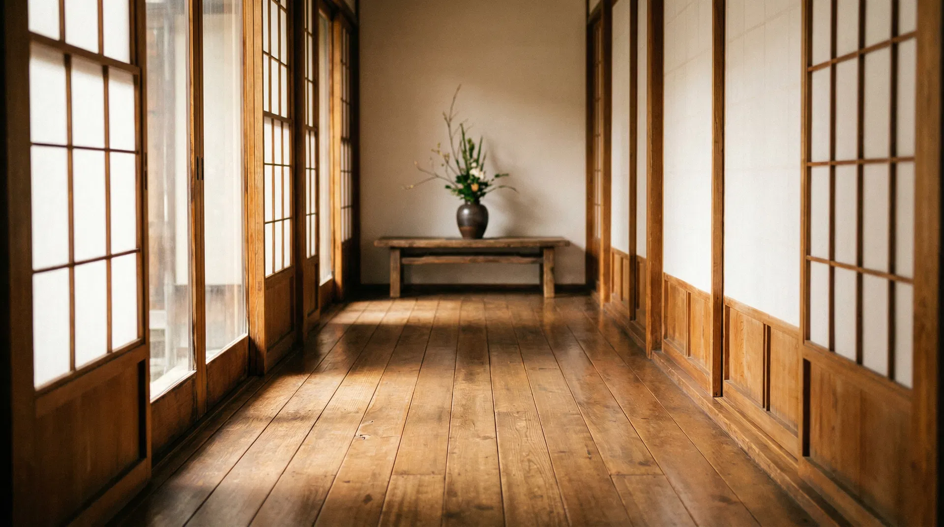 光が差し込む静かな日本家屋の回廊