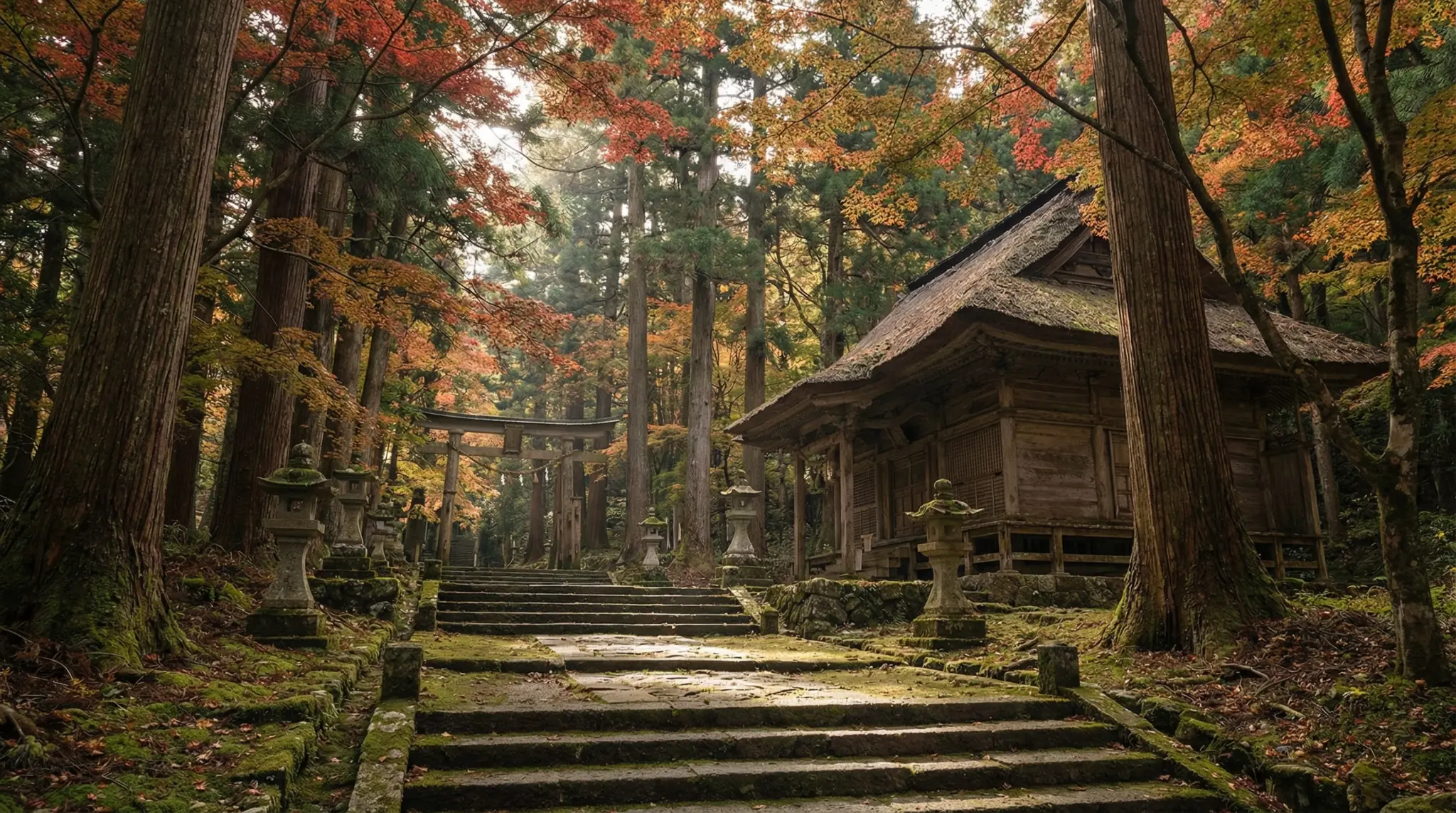 A forest shrine in a Japanese landscape